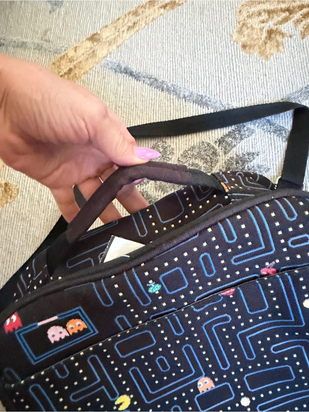 Black Pac-Man Print lunch Bag - Casual Everyday Shoulder Bag